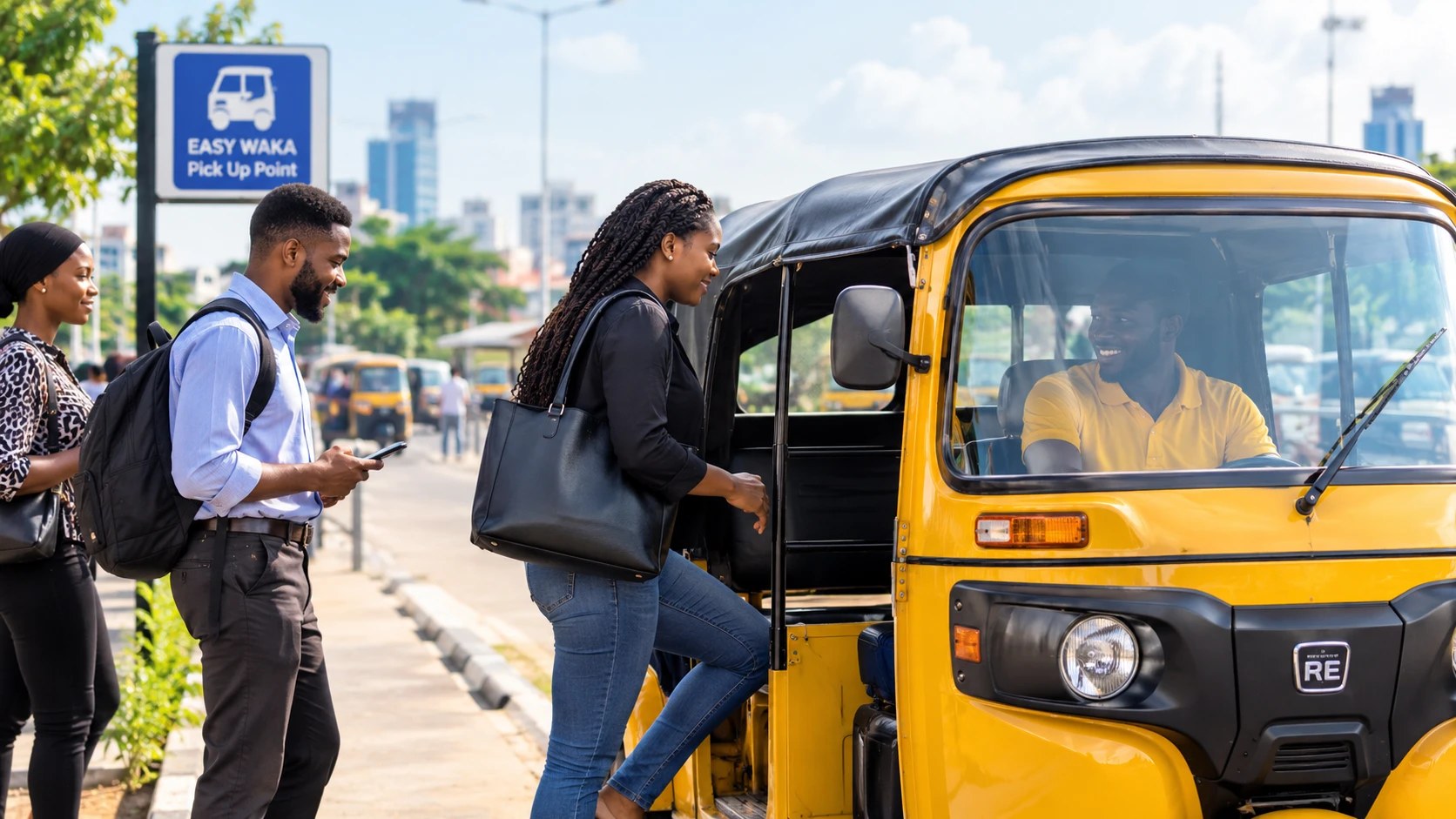Commuters boarding a tricycle at a marked Easy Waka pickup point