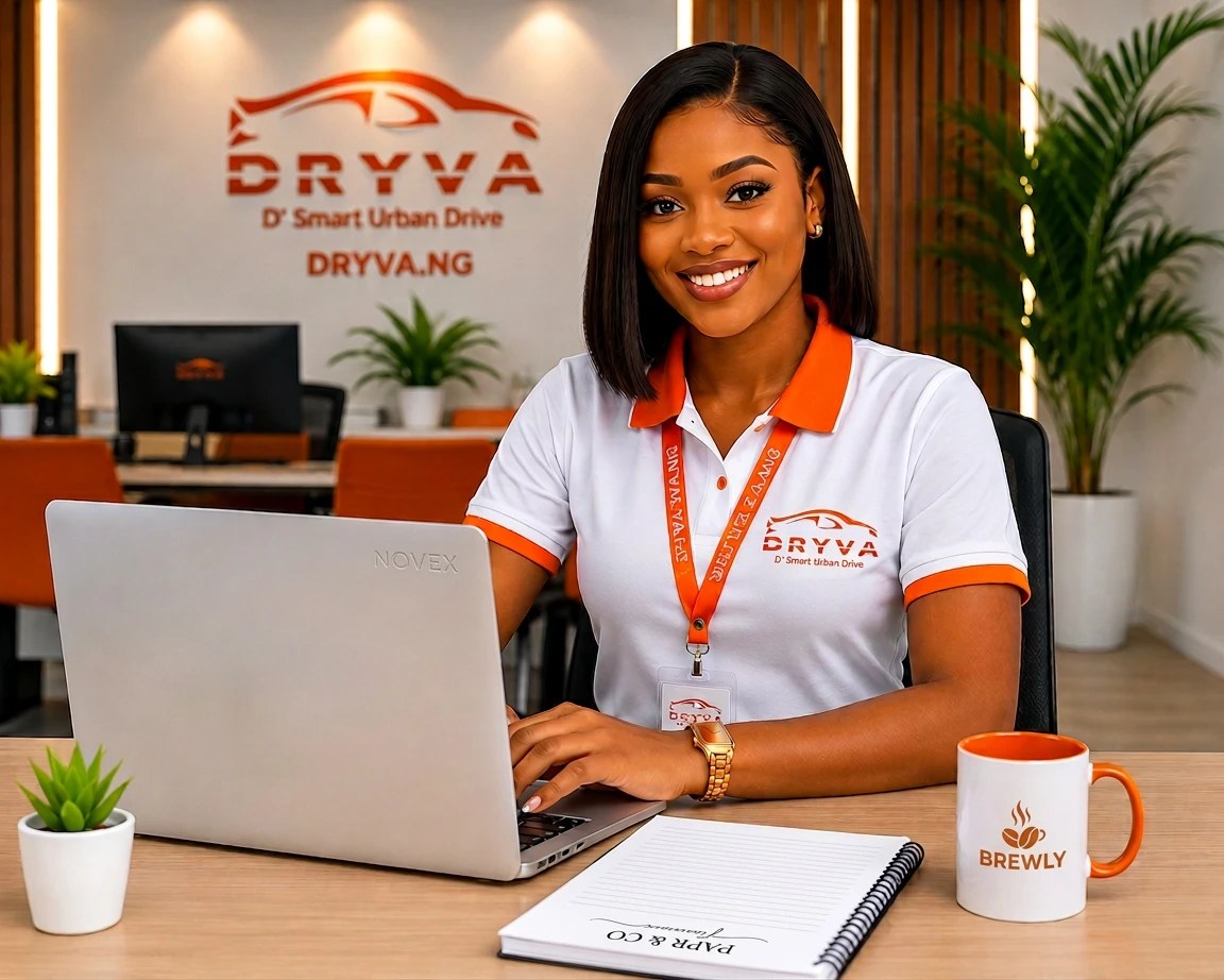 A DRYVA.NG support team member working at her desk in the Uyo office